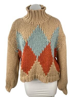 Little Lies Women's Tan Argyle Turtleneck Long Sleeve Knit Sweater Top Size S/M